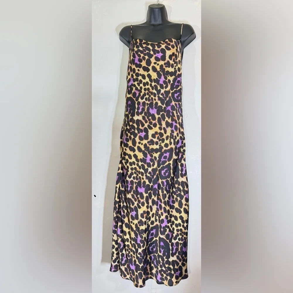Zara Satin Effect Leopard Purple Slip Spaghetti Strap Midi Dress | Size S